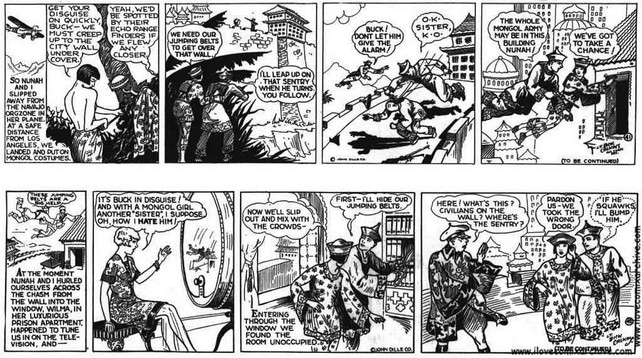Buck and Nunah flew away from the Navajo Orgzone and landed near Los Angeles. Then, they put on Mongol costumes as a disguise and go over the Mongol City wall.

Through a television set, Wilma spots Buck and Nunah entering the city. Seeing Buck with another "sister," Wilma turns immediately jealous. Meanwhile, inside an empty room, Buck hides their jumping belts, but as soon as they leave, they're caught by a sentinel.