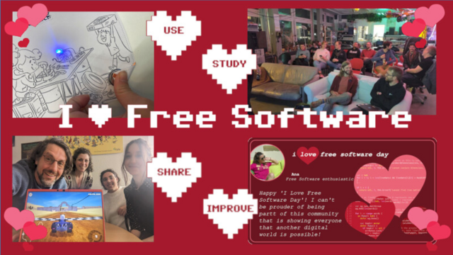 Collage with several elements from the I Love Free Software campaign such as the 4 freedoms hearts, some small pink and red hearts and the title "I ❤ Free Software". The images are showing different moments from the 2025 celebrations: from an image generated with sharepic; a illustration to be coloured from Ada & Zangemann; and people celebrating the day