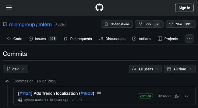 Screenshot of a GitHub repository for "mlemgroup/mlem," displaying the commits section. It shows a recent commit related to adding French localization, authored by a user named "pylapp," with a verified status. The date indicates February. "mlem" is an opens ource iOS client for Lemmy.