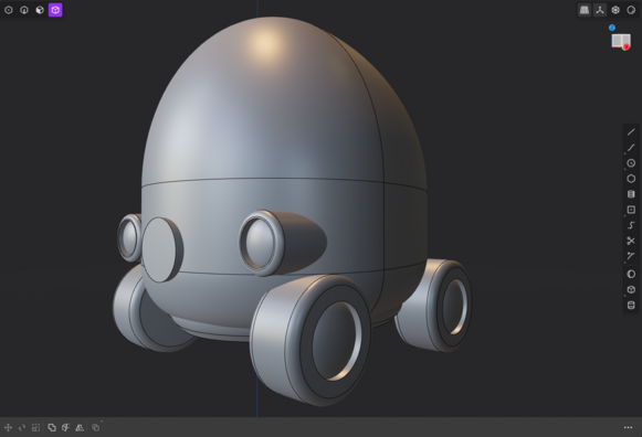 3D-rendered model of a cute, futuristic car with an egg-shaped body and a metallic finish. The vehicle has four rounded wheels, two large circular headlights, and a minimalistic design. The scene is displayed in a 3D modeling software with a dark background and soft lighting
