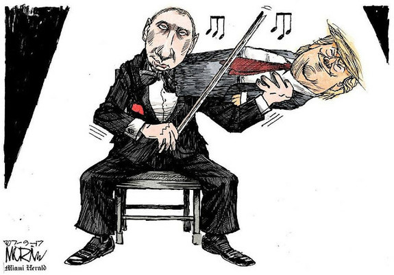 political  cartoon   - Vladmir  Putin  playng  Donald  Trump  like  a  violin