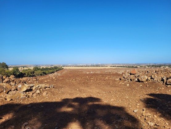 View from hillside, Melbourne in the distance, bare field of turned soil and piles of basalt boulders in foreground