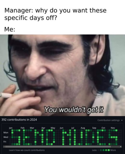 Manager: why do you want these specific days off?
Me: (You wouldn't get it meme)

(Git contributions graph spelling out "send nudes")