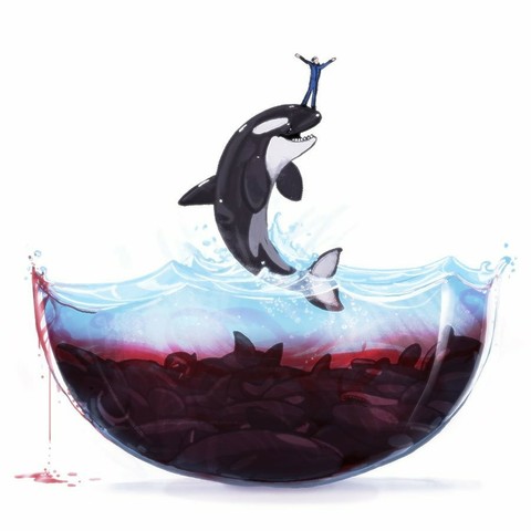 This is an imaginative illustration showing an orca leaping out of water. The body of water is contained within a fish bowl. Above the whale is a human figure, arms raised in what could be a gesture of triumph. Inside the glass, beneath the whale, are silhouettes of numerous dead orca.