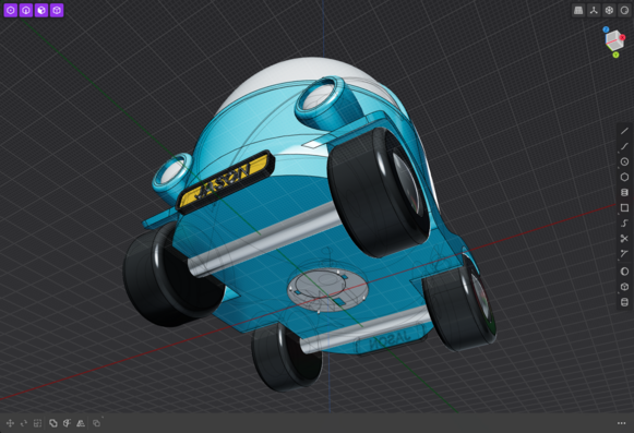 Bottom view of a 3D-rendered model of a cute, futuristic car with an egg-shaped body and a metallic finish. The vehicle has four rounded wheels, two large circular headlights, and a minimalistic design. The body is a light blue, wheels are dark grey. The windshield and headlights are white.