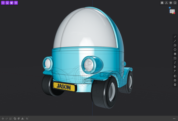 Front side  view of a 3D-rendered model of a cute, futuristic car with an egg-shaped body and a metallic finish. The vehicle has four rounded wheels, two large circular headlights, and a minimalistic design. The body is a light blue, wheels are dark grey. The windshield and headlights are white.