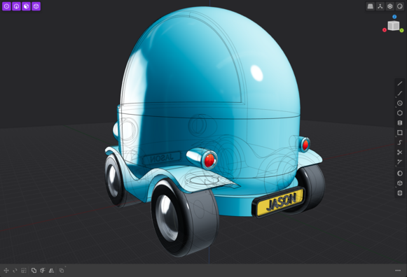 Back side view of a 3D-rendered model of a cute, futuristic car with an egg-shaped body and a metallic finish. The vehicle has four rounded wheels, two large circular headlights, and a minimalistic design. The body is a light blue, wheels are dark grey. The windshield is white and the taillights are red.