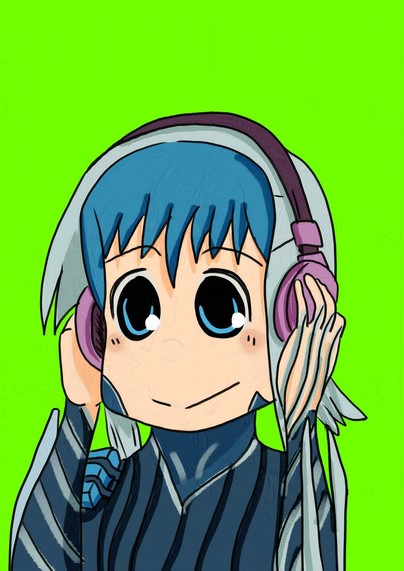 Aoi Moroshi from Warframe 1999 drawn in the style of Nichijou and City listening to some music with headphones on.