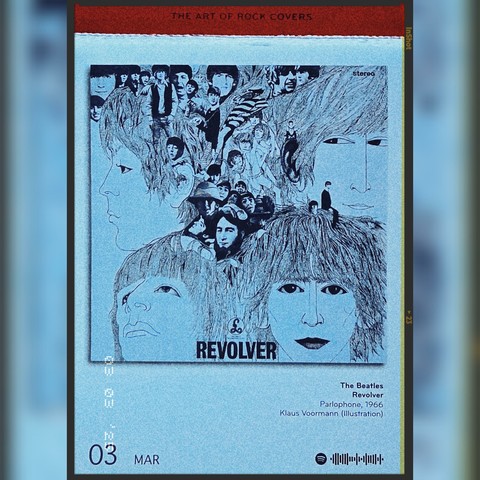 Abreißtageskalender mit dem Kalenderblatt des Vinyl-Covers der LP "Revolver" (1966) von The Beatles