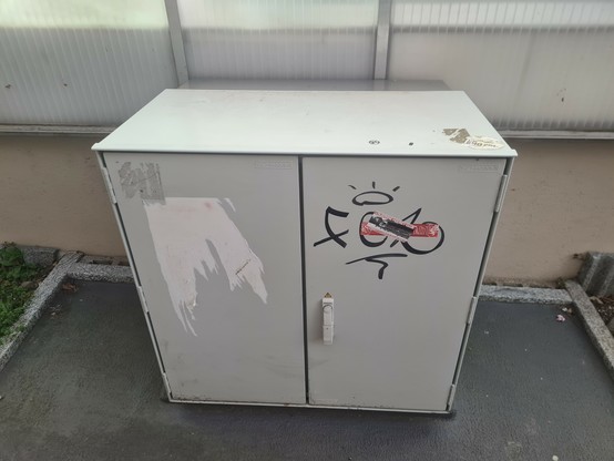 An electric box with a few stickers and grafiti