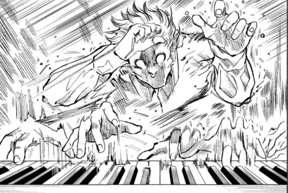 Black and white manga screenshot from Star of Beethoven. Image shows a man aggressively playing the piano with what almost appears to be three sets of arms with action lines around him. His face is intentionally drawn blurry to show the motion of his body.