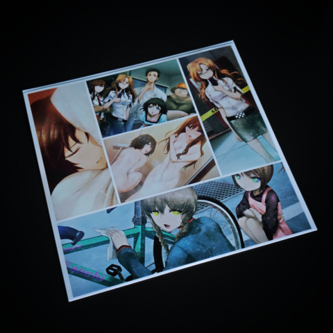 Zdjęcie przedstawia koszulkę na płytę winylową z gry "Steins;Gate", na której umieszczono kolaż scen z udziałem postaci z gry. Widać tu różnorodne sytuacje, od intymnych chwil po grupowe spotkania, z bohaterami w różnych emocjonalnych stanach. Kolory są żywe, a ilustracje szczegółowe, co oddaje złożoność relacji i wydarzeń w grze.