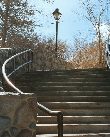 A stone staircase with black metal railings leads upward toward a vintage-style street lamp, set against a background of leafless trees and a clear blue sky. The warm sunlight casts soft shadows, highlighting the texture of the stone walls and steps. The composition draws the eye along the curve of the railings toward the lamp, creating a sense of depth and perspective.