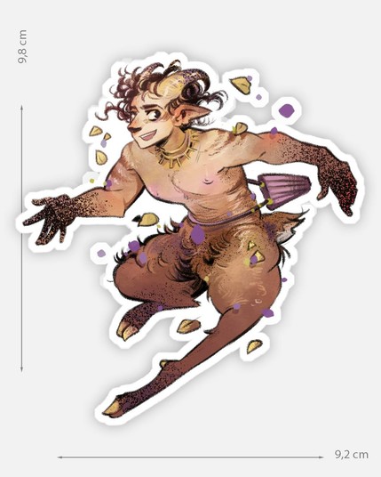 Stickerpreview  9,8*9,2 cm of a happy satyr with pedals flowing around him.