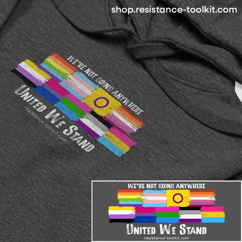 A black hoodie featuring a design of the different LGBTQ flags illustrated to look like they were painted with a course paint brush. Above the flags is text that reads "We're not going anywhere" and below the flags the text reads "United We Stand. resistance-toolkit.com"