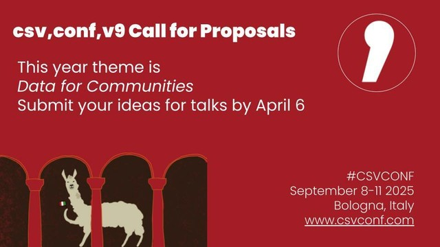 Flyer of csvconf call for proposals featuring a llama with the Italian flag