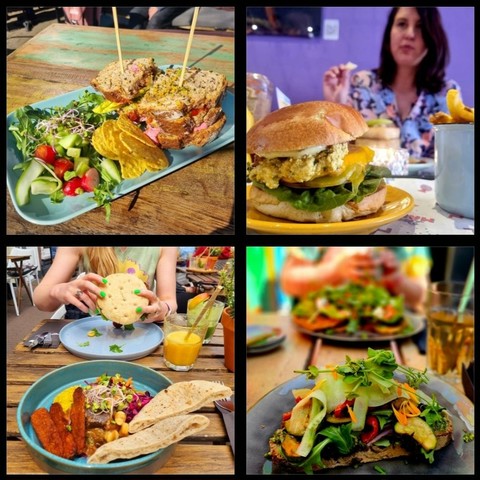 Een verrukkelijke collage vol kleurrijke vegan gerechten die je direct wilt proeven! Linksboven een rijkelijk belegde sandwich met knapperig meergranenbrood, een smeuïge vulling en een frisse salade van komkommer, tomaatjes en kiemen, geserveerd met knapperige tortillachips – de perfecte lunch. Rechtsboven een sappige vegan burger met een romige tofu-‘ei’ salade, verse sla en tomaat, geserveerd op een zacht broodje met een krokante friet erbij – ultiem comfort food. Linksonder een kleurrijke bowl met kruidige plantaardige kip, romige hummus, geroosterde kikkererwten, knapperige rode kool en versgebakken platbrood, ideaal om alles lekker mee te dippen. Rechtsonder een smaakvol vegan broodje belegd met gegrilde groenten, verse kruiden, kiemen en een pittige dressing, een kunstwerk op een bord. Elk gerecht een explosie van kleur, textuur en smaak – wie krijgt hier geen trek van?