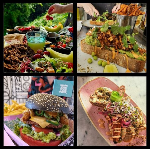 Een verleidelijke collage van vegan gerechten die je direct wilt proeven! Linksboven een kleurrijke outdoor brunch met een rijkgevulde tafel vol verse groenten, fruit, spreads, knapperig brood en een verfrissende groene smoothie – een feest voor de zintuigen. Rechtsboven een kunstig opgemaakt brood met een royale laag romige avocado, smaakvolle pulled jackfruit, een pittige saus en verse koriander, geserveerd met knapperige zoete aardappelfrietjes. Linksonder een spectaculaire vegan burger met een opvallend zwart sesambroodje, knapperige plantaardige kip, gesmolten vegan kaas en pittige jalapeño’s, vergezeld door goudgele frietjes – fast food op z’n best! Rechtsonder een luxe toast met een vegan hotdog, gegrilde groenten, romige saus, kiemen en een crunchy topping, prachtig gepresenteerd op een roze bord. Een explosie van smaak en kleur die elke foodie gelukkig maakt!