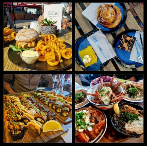Een verrukkelijke collage van vegan gerechten die je smaakpapillen laten dansen. Linksboven een knapperig broodje met een sappige plantaardige burger, vergezeld door perfect gekruide krulfrietjes en een romige vegan mayonaise – een ultieme comfort food ervaring. Rechtsboven een selectie van heerlijke vegan gebakjes: een zachte, goudbruine kaneelrol, een frisse citroentaart met een toefje slagroom en een rijke chocoladekoek met een marmerpatroon, perfect voor een zoete verwennerij. Linksonder een spectaculair opgemaakte plank met kleurrijke vegan sushi, rijkelijk belegd met avocado, mango, pittige sauzen en knapperige toppings, een ware smaakexplosie bij elke hap. Rechtsonder een feestelijk mediterraans diner met diverse schaaltjes vol smaak: romige hummus, kruidige stoofpotjes, knapperige zoete aardappelfrietjes en gegrilde groentes, alles afgemaakt met verse kruiden en tahinsaus. Een waar paradijs voor food lovers – wie wil dit niet proeven?