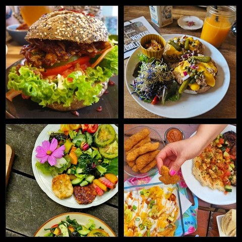 Een kleurrijke collage van verrukkelijke vegan gerechten die je smaakpapillen prikkelen. Linksboven een sappige vegan burger op een meergranenbroodje, boordevol knapperige sla, tomaat, augurk en een hartige plantaardige patty met gekarameliseerde ui. Rechtsboven een voedzaam ontbijt met volkoren broodjes, romige vegan kaas, augurken, kappertjes en een frisse salade, geserveerd met een glas vers geperste jus d'orange. Linksonder een artistiek opgemaakt bord met een frisse salade vol kleurrijke groenten, een grote roze eetbare bloem, tomaatjes en knapperige tempeh. Rechtsonder een gezellig tafereel met knapperige vegan nuggets, romige nacho's met gesmolten vegan kaas en een smaakvolle dip, perfect voor een feestelijke borrel. Elk gerecht is een ware explosie van smaak en kleur – wie krijgt hier geen trek van?