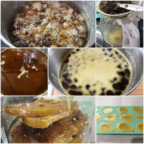 A collage of pictures, from top left: simmering the comb and honey, draining propolis and muck and bee bits, letting the mixture cool so the wax floats to top and cools into a removable layer, and twice filtered wax cooling in a bee/ladybug/flower silicone mold.