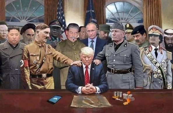 A digital painting shows former President Donald Trump sitting at a table with his hands clasped and his head bowed. He wears a navy blue suit and a red tie. Behind him, and around him, stand several historical dictators. To Trump's left are Kim Jong Un, Ayatollah Khomeini, Adolf Hitler, and Joseph Stalin. To his right are Vladimir Putin, Benito Mussolini, Saddam Hussein, Muammar Gaddafi, and an unidentified man in Saudi Arabian garb. The background includes a large, arched window, and American and Russian flags. On the table in front of Trump are a smartphone with a blue bird logo, a crumpled document, and several pills in small containers.