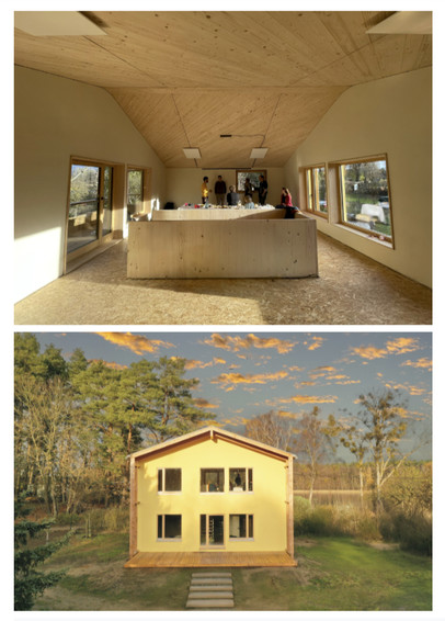 inside and outside view of a straw house by halm haus, lots of wood plaster and nature visible.