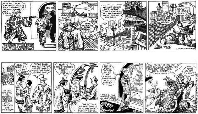 The sentinel can't notice Buck and Nunah's disguise and sends them away with only a reprimand. They locate where Wilma and Wolf are held captive. Then, taking down a sentinel, they get his keys.
They free Wolf from the Mongol lab and go after Wilma. Meanwhile, Wilma anxiously awaits at the Emperor's Palace's top floor. The Emperor himself is heavily parting and sends for Wilma.