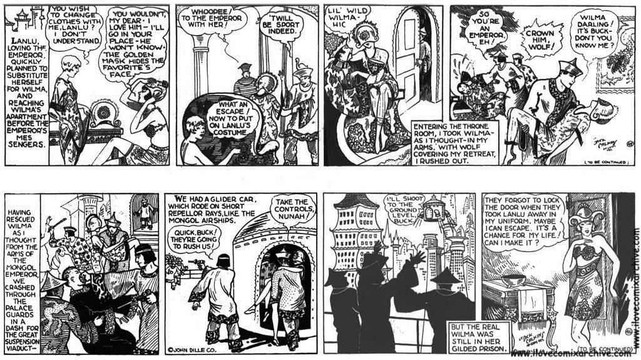 Lanlu, one of the Emperor's wives, doesn't want to be replaced as the Emperor's favorite, so she plans to take Wilma's place when brought before the Emperor: she'll change clothes with Wilma, and a golden mask will hide her face.
Lanlu is taken before the Emperor, who believes she's Wilma. Suddenly, Buck, Wolf, and Nunah break into the throne room. Buck seizes Lanlu, thinking she's Wilma.
While the palace guards go after the kidnappers, Wilma notices that they left her door unlocked when took Lanlu. Wearing Lanlu's clothes, Wilma makes an attempt to escape.