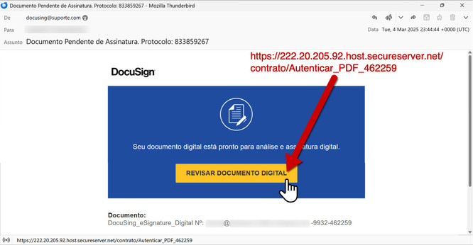 Screenshot from the DocuSign-themed Portuguese language (Brazil) email, showing the link to download malware.