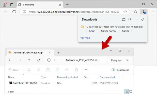 Web browser showing download of zip archive from link in the email. Also shows the zip archive content, a Windows shortcut.