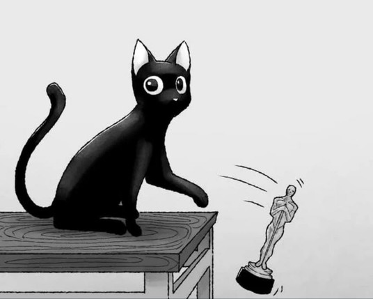 Cat from animated movie FLOW hits Oscar statuette off the shelf