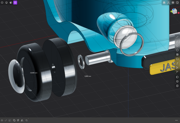 Exploded 3D model of a toy car wheel parts showing how they will fit together after 3D printing