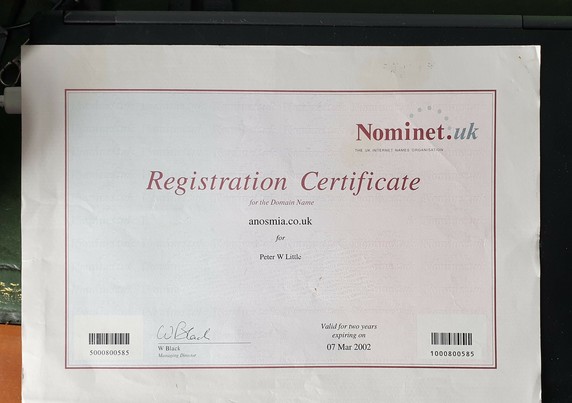 A nominet registration certificate for the long defunct anosmia.co.uk website set to expire March 2002 XD