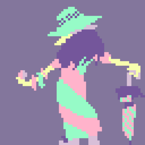 Pixel art of the Galarian Pokemon Gym leader, Opal. She stands with her back to the camera, left arm outstretched with a poké ball. Right arm resting on her parasol. Her dress and parasol are a candy-cane stripe of teal and pink and is wearing a teal sunhat.