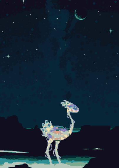 A glowing golem made of opal and glowing magic that is shaped like an ostrich. It is standing in a glowing misty pool against the backdrop of the night sky with the moon and milky way visible.