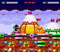 iconic scene of Zool Space Ninja preparing to attack a jelly monster in the middle of sweets zone