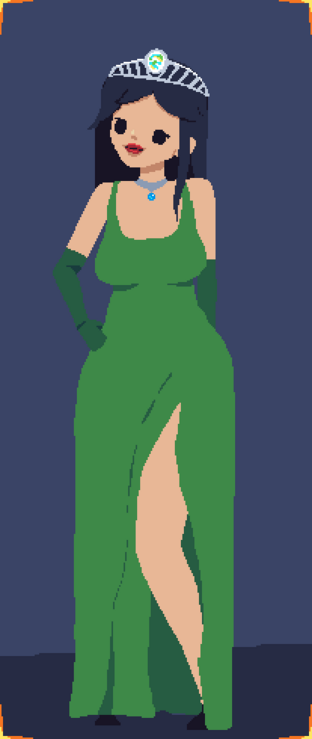 Pixel art drawing of a woman in a green a cocktail dress wearing a tiara with a big opal.