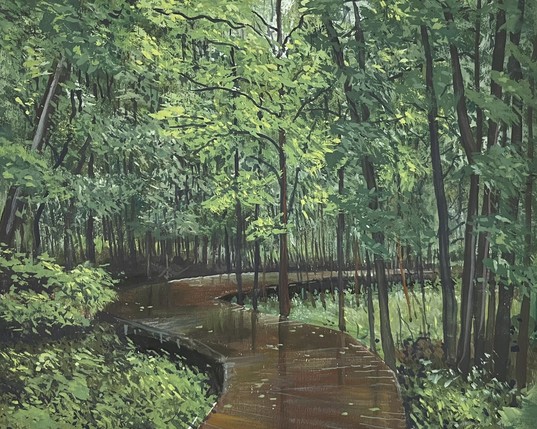 This painting depicts a wet boardwalk meandering through a dense, green forest. The boardwalk, slick with moisture, reflects the surrounding trees, creating a mirror-like effect on its surface. The scene is rich with various shades of green, from deep forest hues to bright highlights where sunlight filters through the leafy canopy. The trees stand tall and close together, their trunks and branches forming a natural tunnel that guides the viewer’s eye along the winding path. The undergrowth is lush, with thick foliage framing the scene. The painting’s brushwork is expressive yet controlled, capturing the interplay of light, shadow, and reflection in a way that makes the environment feel alive and immersive.

(Alt-text auto-generated.)