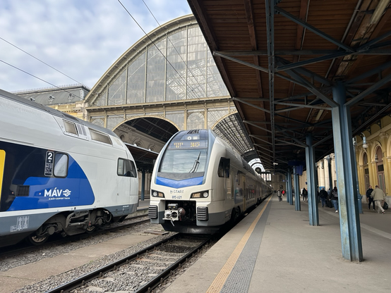 Der KISS von außerhalb der Bahnhofshalle, links fährt soeben ein weiterer ein