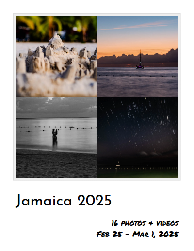 Preview card for the linked album, in the style of a Polaroid. There are four images previewed, a sandcastle, a sunset, a couple embracing in the ocean in black and white, and an astro photo with star streaks. There are 16 photos and videos, taken between Feb 25-Mar 1 2025.