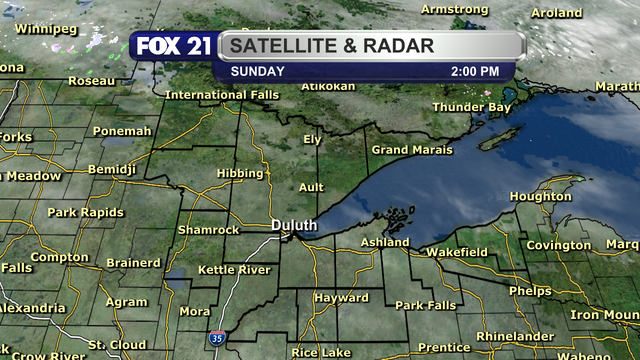 The satellite and radar over the Northland at 2 p.m. on Sunday, March 9, 2025, shows high-level cloud cover over most of the region.  Some breaks are being observed in the Arrowhead, Rainy River Basin, and Upper Peninsula regions.  There is no precipitation in the area.