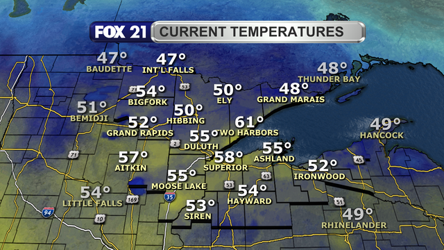 Temperatures in the Northland just before 2 p.m. on March 9, 2025, range from 47 to 61 degrees Fahrenheit.