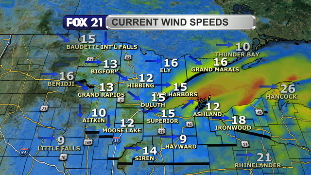 Wind speeds in the Northland just before 2 p.m. on March 9, 2025, range from 9 to 18 mph.  Wind direction is primarily from the west, northwest, and north.