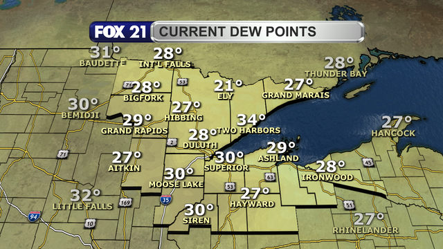 Dew point readings in the Northland just before 2 p.m. on March 9, 2025, range from 21 to 30 degrees Fahrenheit.