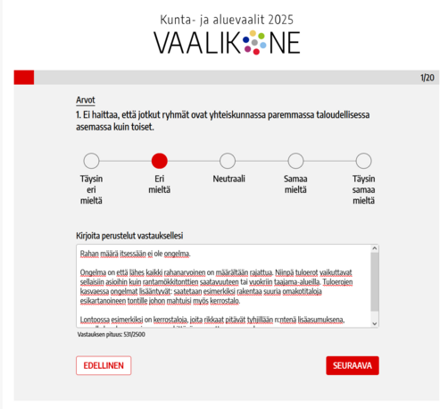 Toteamus: Ei haittaa, että jotkut ryhmät ovat yhteiskunnassa paremmassa taloudellisessa asemassa kuin toiset.

Vastaus: Eri mieltä.

Selitys: Rahan määrä itsessään ei ole ongelma.

Ongelma on että lähes kaikki rahanarvoinen on määrältään rajattua. Niinpä tuloerot vaikuttavat sellaisiin asioihin kuin rantamökkitonttien saatavuuteen tai vuokriin taajama-alueilla. Tuloerojen kasvaessa ongelmat lisääntyvät: saatetaan esimerkiksi rakentaa suuria omakotitaloja esikartanoineen tontille johon mahtuisi myös kerrostalo. 

Lontoossa esimerkiksi on kerrostaloja, joita rikkaat pitävät tyhjillään n:ntenä lisäasumuksena, samalla kun kaupungissa on merkittävä asunnottomuusongelma.