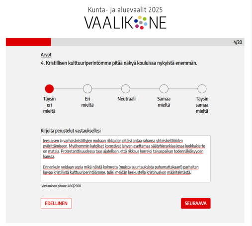 Väite. Kristillisen kulttuuriperintömme pitää näkyä kouluissa nykyistä enemmän.
Vastaus. Täysin eri mieltä.
Selitys. Jeesuksen ja varhaiskristittyjen mukaan rikkaiden pitäisi antaa rahansa yhteiskeittiöiden pyörittämiseen. Myöhemmin katoliset korostivat Jahven asettamaa säätyhierarkiaa jossa luokkakierto on matala. Protestanttisuudessa taas ajatellaan, että rikkaus korreloi taivaspaikan todennäköisyyden kanssa.

Ennenkuin voidaan sopia mikä näistä kolmesta (muista suuntauksista puhumattakaan!) parhaiten kuvaa kristillistä kulttuuriperintöämme, tulisi meidän keskustella kristinuskon määritelmästä.