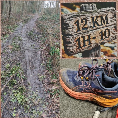 Montage de trois photos : 
À gauche, un sentier forestier boueux avec des branches et des feuilles tombées au sol. Le chemin est bordé de petites palissades en bois.  
En haut à droite, un panneau de randonnée en bois vieilli, fissuré, avec l'inscription gravée "12 KM | 1H - 10". Il est fixé sur un poteau en extérieur.  
En bas à droite, une paire de chaussures de trail bleues et oranges, couvertes de boue, posées sur un sol gris avec un embout de poche à eau à côté.