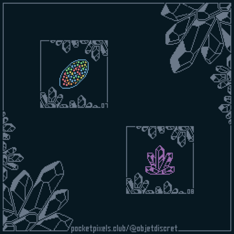 a pixel art illustration of an opal cabochon and an amethyst cluster.